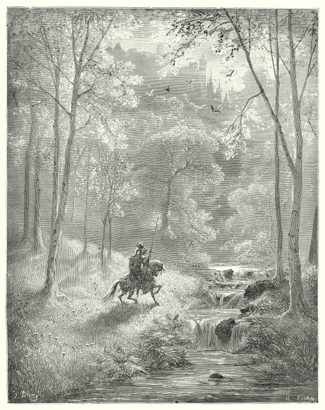 Don Quijote de Gustave Doré: "El cielo le parece más transparente, y el sol parece brillar con doble intensidad" (grabado) de Gustave Dore