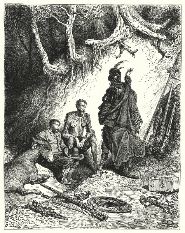 Don Quijote de Gustave Doré: "Los escuderos dejaron a Don Quijote, Roque y Sancho para esperar su regreso" (grabado) de Gustave Dore