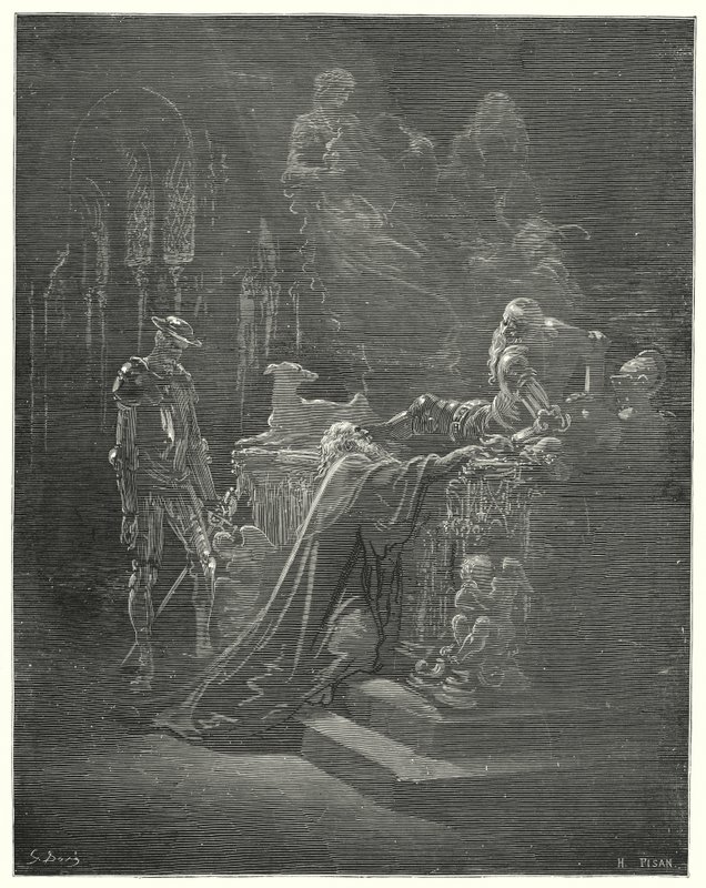 Don Quijote de Gustave Doré: "El venerable Montesinos se arrodilló ante el afligido caballero" de Gustave Dore