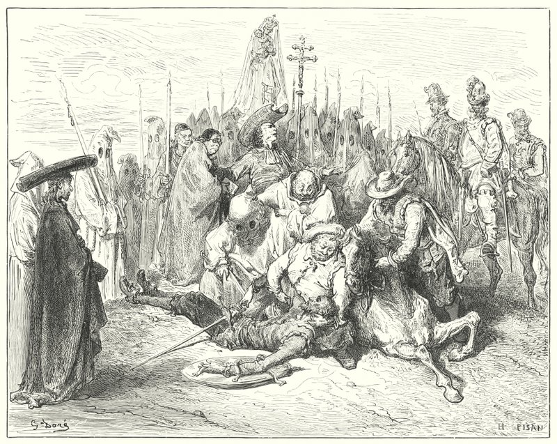 Don Quijote de Gustave Doré: "Los acentos lamentables de la voz del escudero finalmente devolvieron a Don Quijote a sí mismo" (grabado) de Gustave Dore