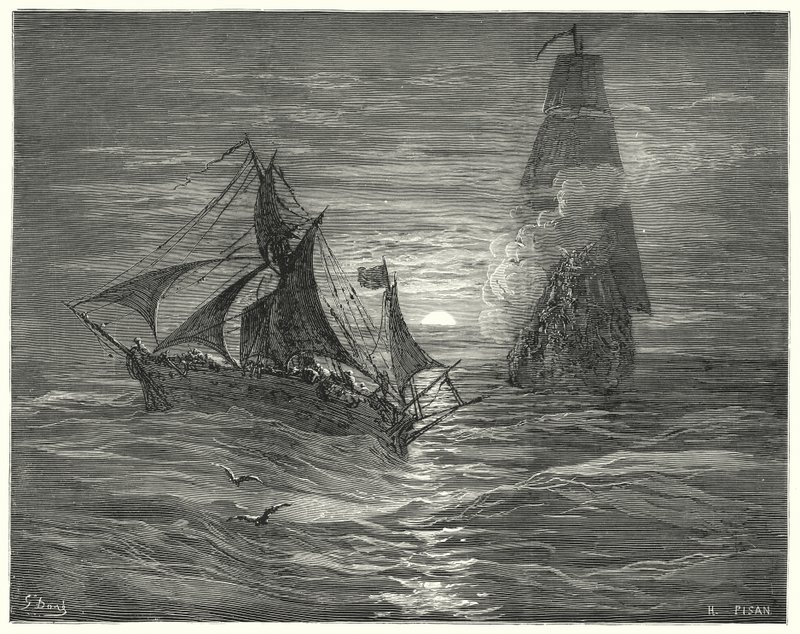 Don Quijote de Gustave Doré: "Ellos, estando a sotavento, nos dispararon dos cañonazos" de Gustave Dore