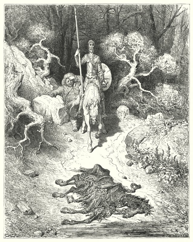 Don Quijote de Gustave Doré: "Llegaron a un parque, donde encontraron una mula muerta" (grabado) de Gustave Dore