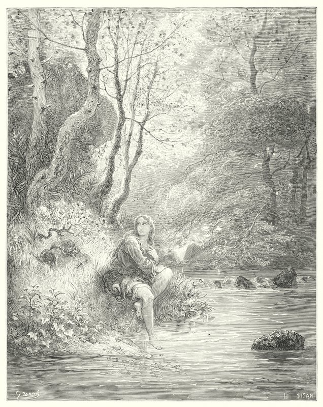 Don Quijote de Gustave Doré: "Vieron a un joven con traje de campo, sentado al pie de una roca detrás de un fresno" (grabado) de Gustave Dore