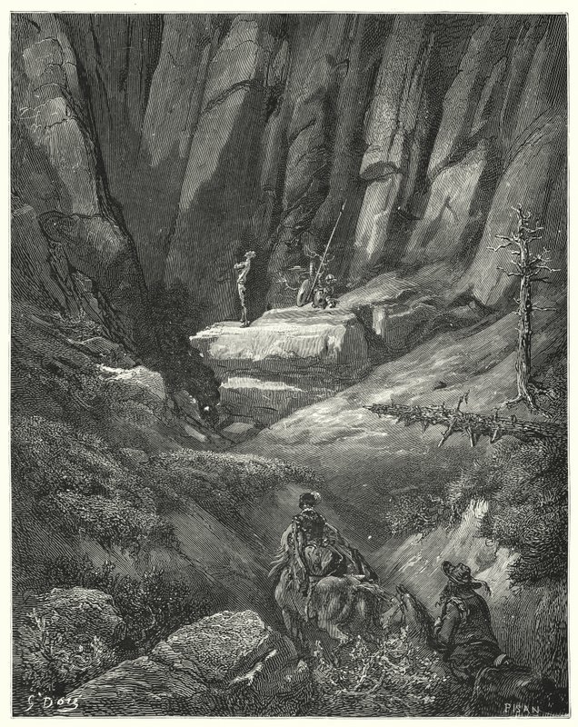 Don Quijote de Gustave Doré: "Siguieron adelante por unas tres cuartas partes de una legua, y luego entre las rocas divisaron a Don Quijote, que para entonces ya se había puesto la ropa, aunque no la armadura" de Gustave Dore