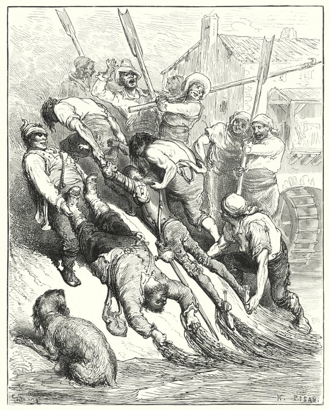 Don Quijote de Gustave Doré: "Ambos fueron arrastrados a la orilla, más empapados que sedientos" (grabado) de Gustave Dore