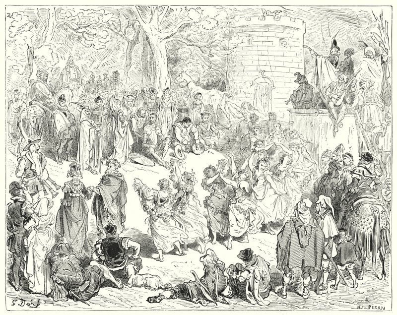 Don Quijote de Gustave Doré: "Fueron guiados por un anciano reverendo y una mujer matrona" de Gustave Dore