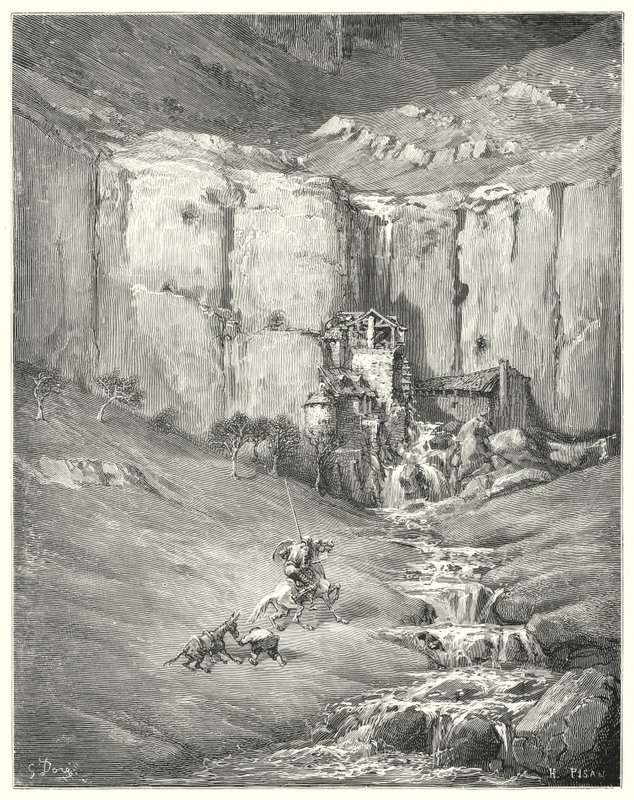 Don Quijote de Gustave Doré: "Cuando se acercaron, incluso el paciente Rocinante se sobresaltó ante el terrible sonido" (grabado) de Gustave Dore