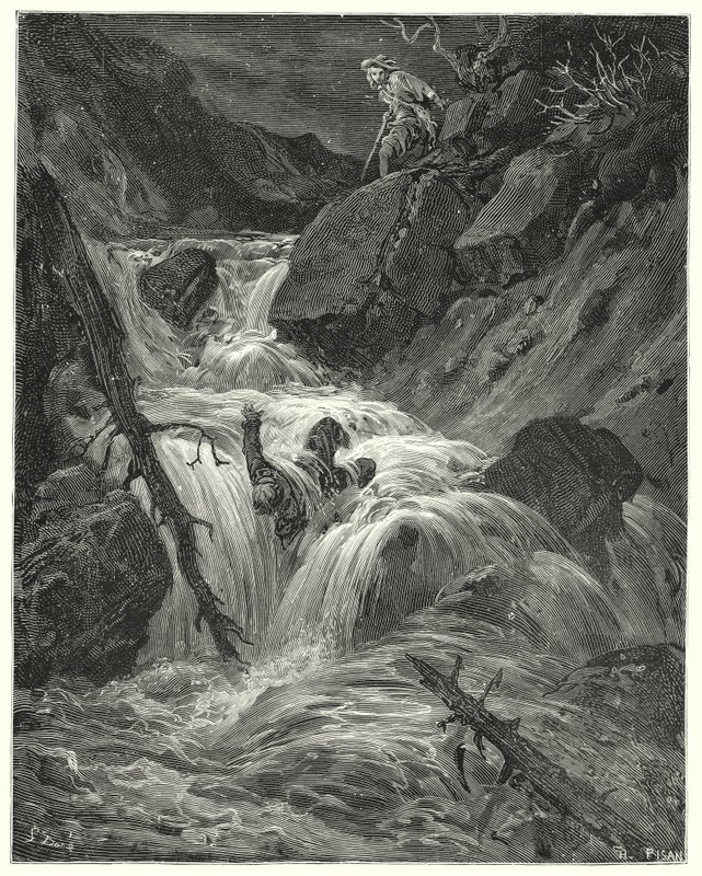 Don Quijote de Gustave Doré: "Con la poca fuerza que tenía lo empujé por un precipicio, donde lo dejé" (grabado) de Gustave Dore