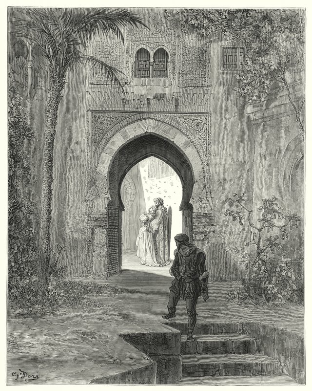 Don Quijote de Gustave Doré: "Zoraida, mostrando preocupación en su rostro, se fue con su padre" de Gustave Dore
