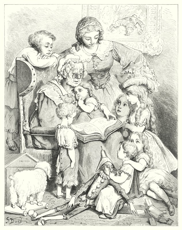 La lectura de cuentos en familia (grabado) de Gustave Dore