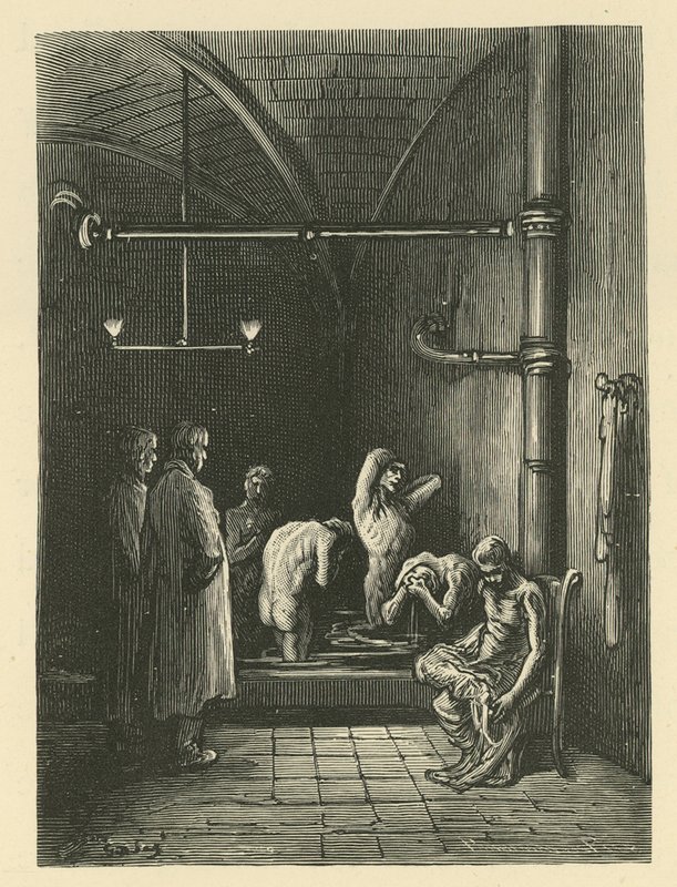 Hombres en los baños de la Casa de Refugio de Gustave Dore