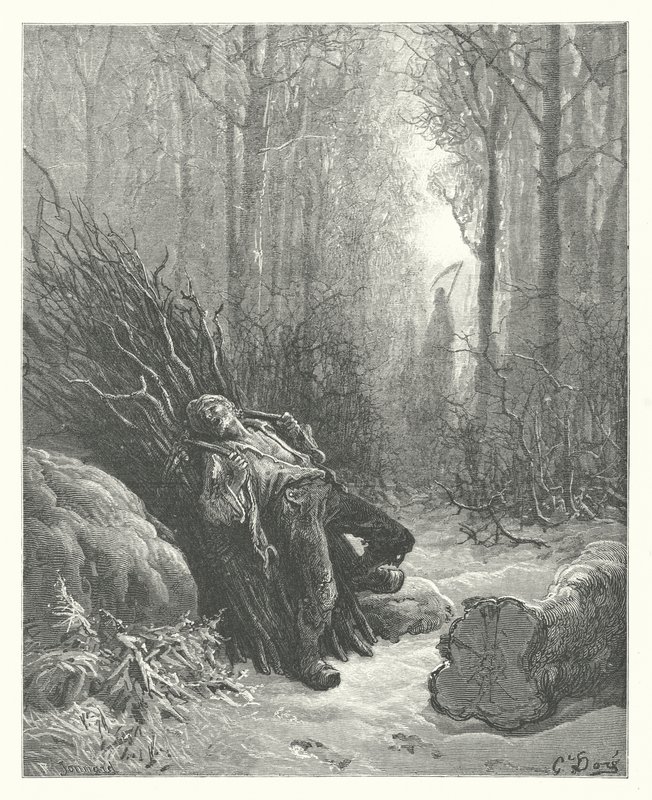 Las Fábulas de La Fontaine: La muerte y el leñador (grabado) de Gustave Dore
