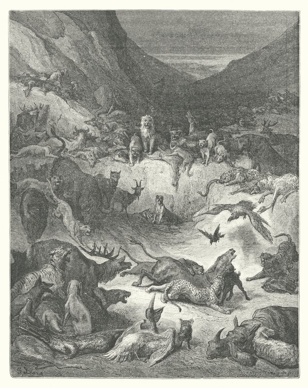 Las Fábulas de La Fontaine: Los animales enfermos de peste (grabado) de Gustave Dore