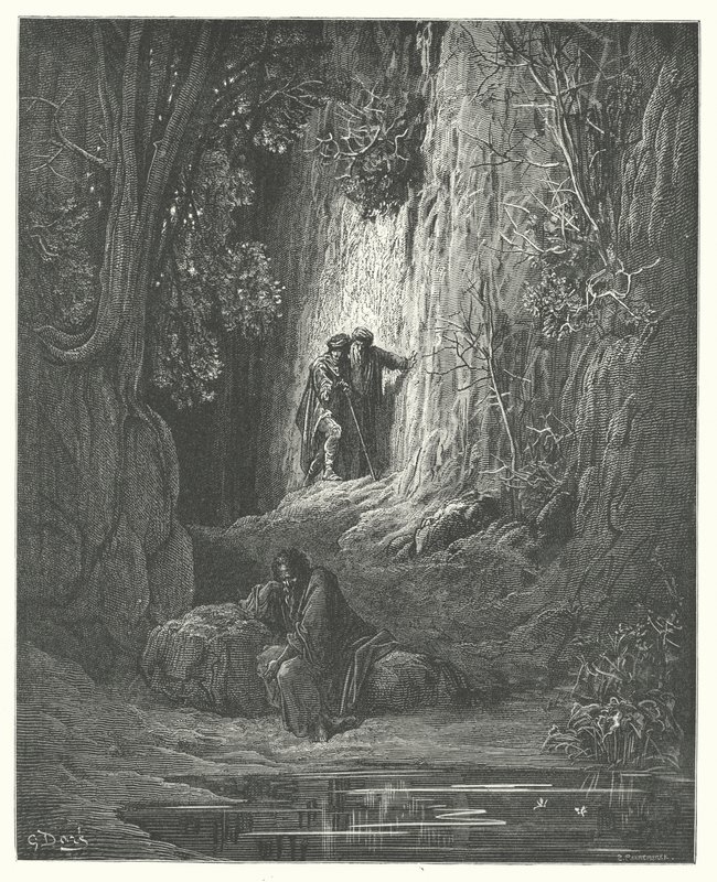 Las Fábulas de La Fontaine: El árbitro, el limosnero y el ermitaño (grabado) de Gustave Dore