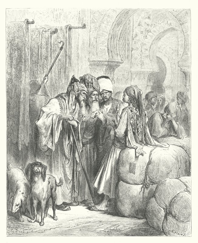 Las Fábulas de La Fontaine: El Bashaw y el Mercader (grabado) de Gustave Dore