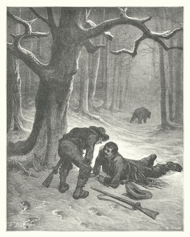 Las Fábulas de La Fontaine: El oso y los dos amigos (grabado) de Gustave Dore