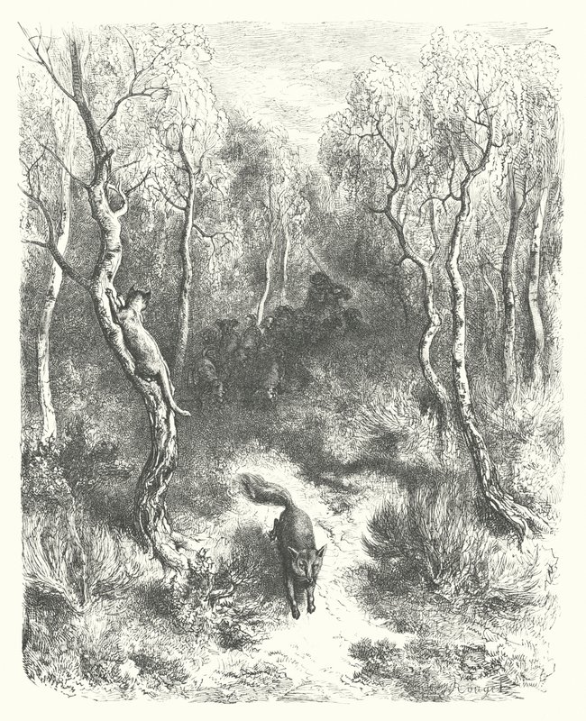 Las Fábulas de La Fontaine: El gato y la zorra (grabado) de Gustave Dore