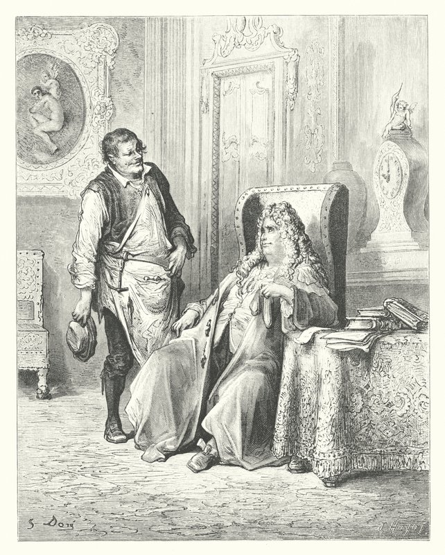 Las Fábulas de La Fontaine: El zapatero y el banquero (grabado) de Gustave Dore