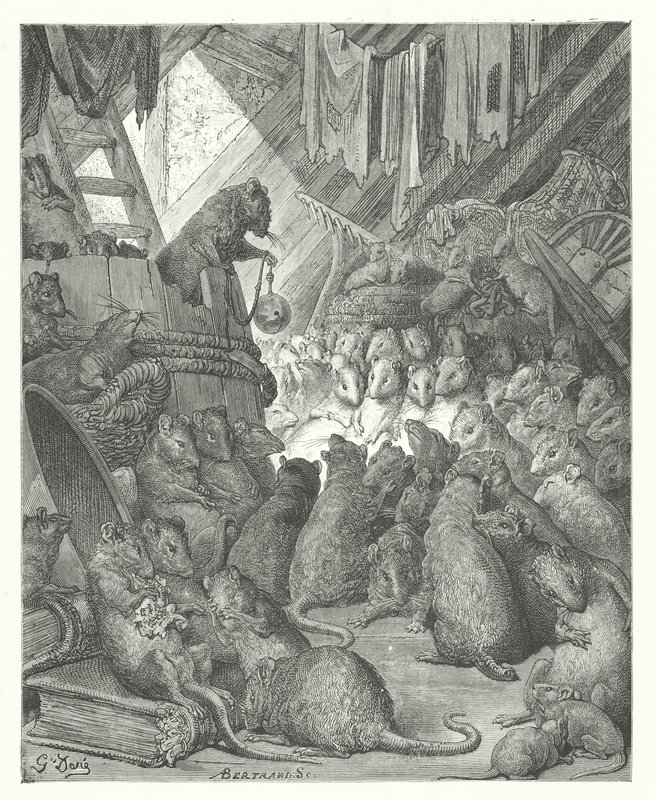 Las Fábulas de La Fontaine: El Consejo de las Ratas (grabado) de Gustave Dore