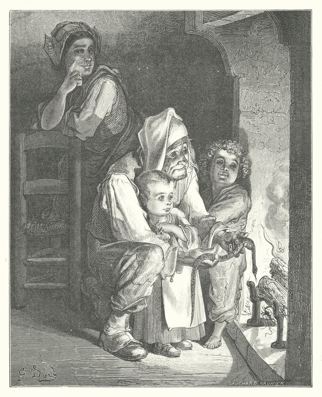 Las Fábulas de La Fontaine: El campesino y la serpiente (grabado) de Gustave Dore