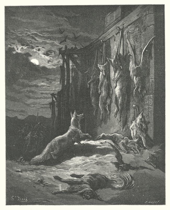 Las Fábulas de La Fontaine: El zorro inglés (grabado) de Gustave Dore