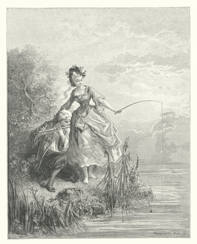 Las Fábulas de La Fontaine: El pez y el pastor que tocaba el clarinete (grabado) de Gustave Dore