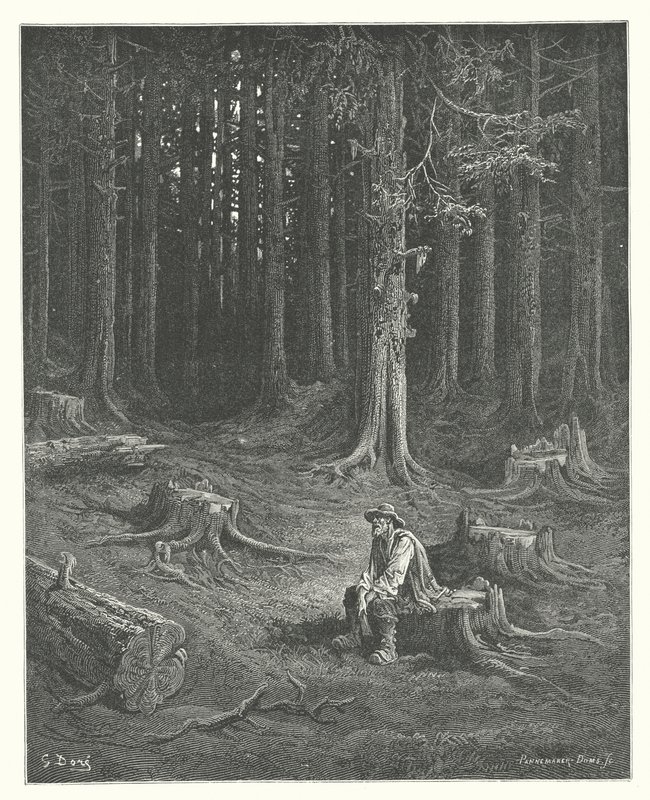 Las Fábulas de La Fontaine: El bosque y el leñador (grabado) de Gustave Dore