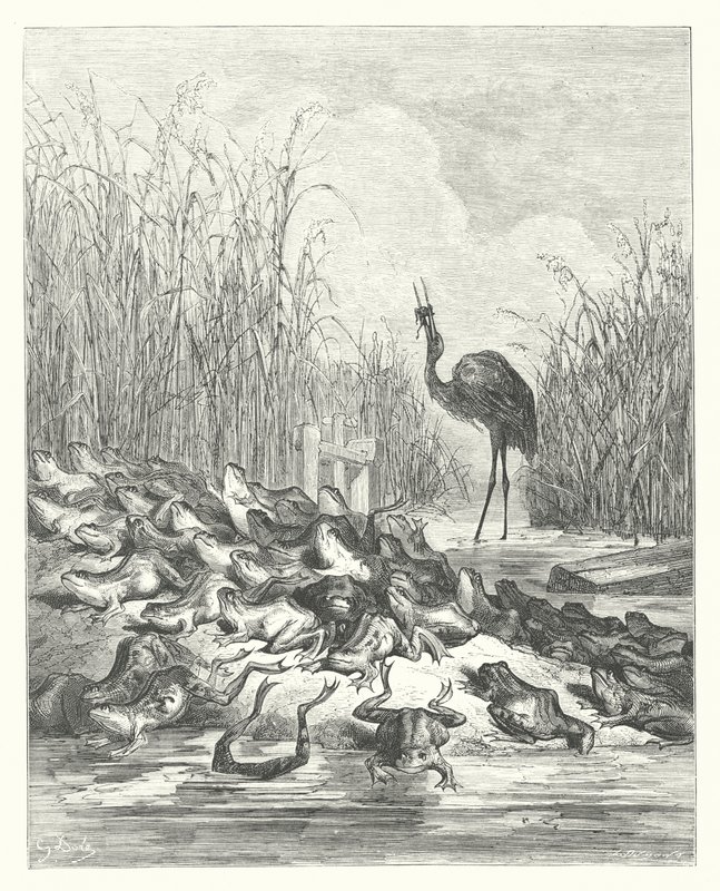 Las Fábulas de La Fontaine: Las ranas que pedían un rey (grabado) de Gustave Dore