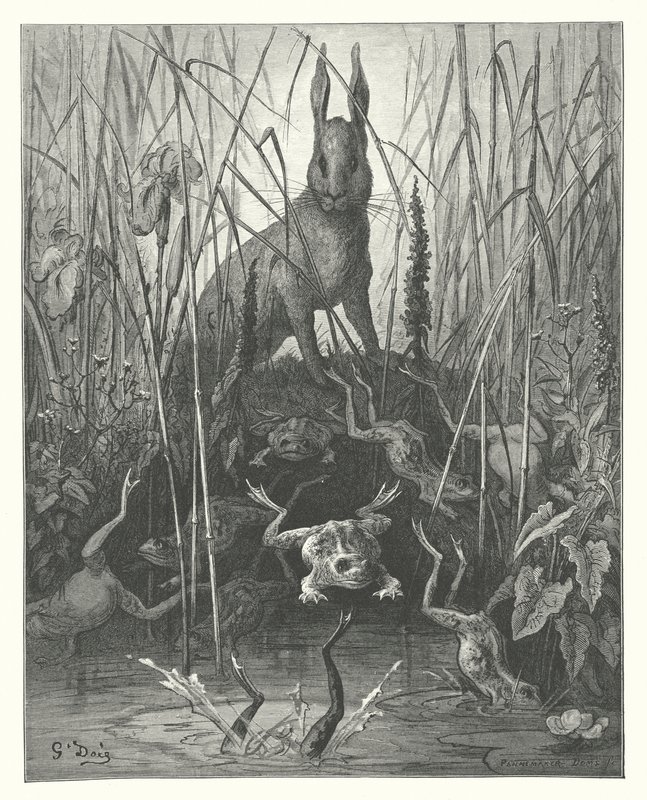 Las Fábulas de La Fontaine: La liebre y las ranas (grabado) de Gustave Dore