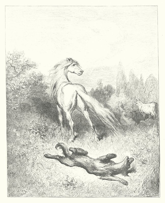 Las Fábulas de La Fontaine: El caballo y el lobo (grabado) de Gustave Dore
