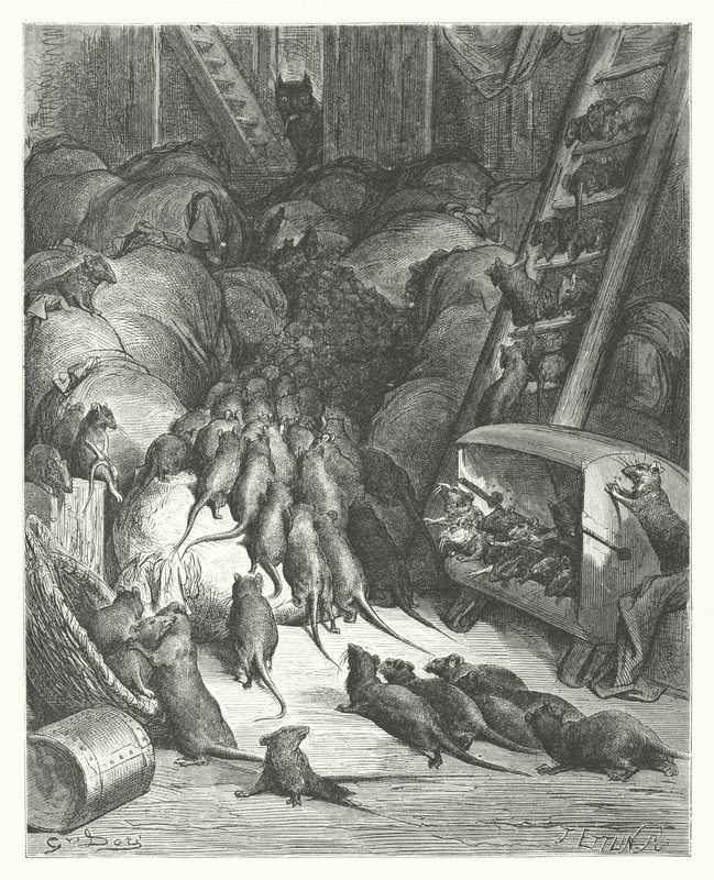 Las Fábulas de La Fontaine: La Liga de las Ratas (grabado) de Gustave Dore