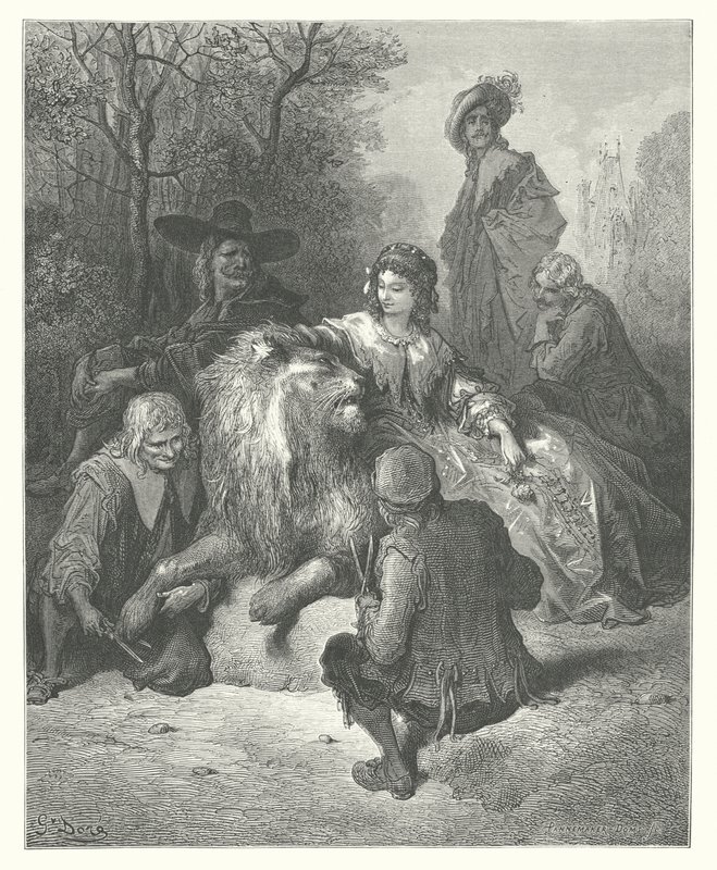 Las Fábulas de La Fontaine: El León enamorado (grabado) de Gustave Dore