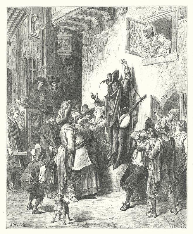 Las Fábulas de La Fontaine: El loco que vendía sabiduría (grabado) de Gustave Dore