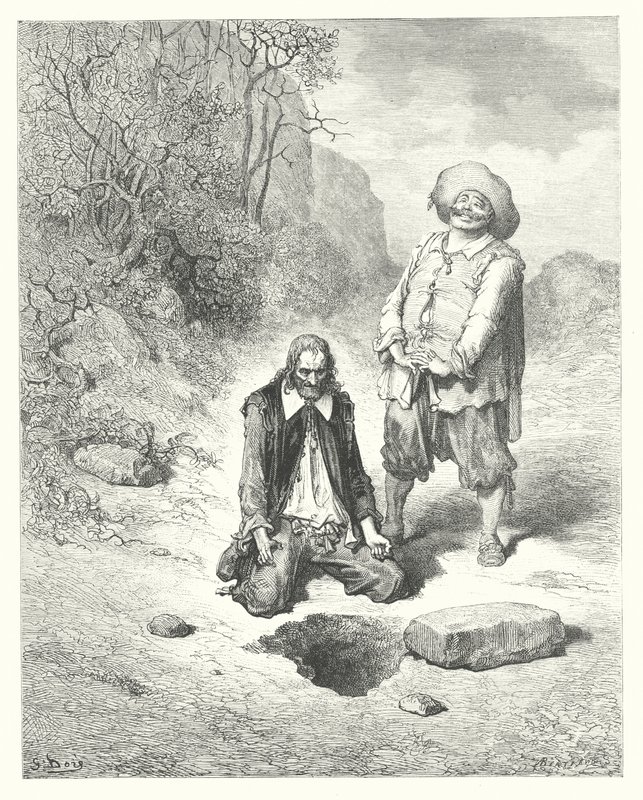 Las Fábulas de La Fontaine: El avaro que perdió su tesoro (grabado) de Gustave Dore