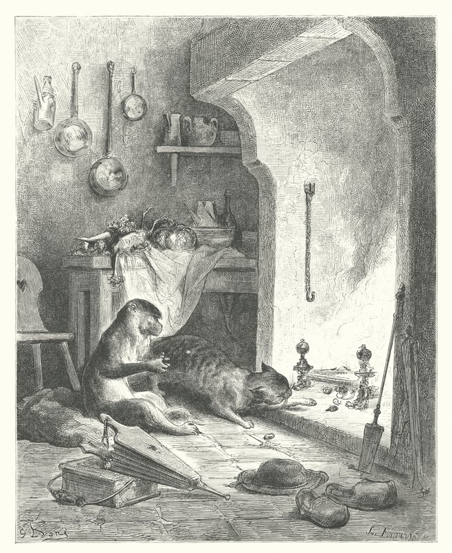 Las Fábulas de La Fontaine: El mono y el gato (grabado) de Gustave Dore