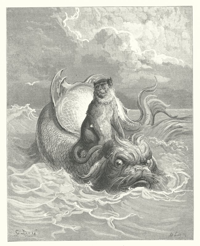 Las Fábulas de La Fontaine: El mono y el delfín (grabado) de Gustave Dore