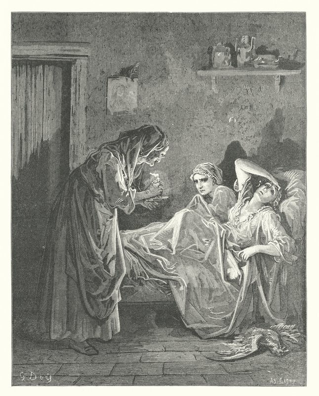 Las Fábulas de La Fontaine: La vieja y sus criados (grabado) de Gustave Dore