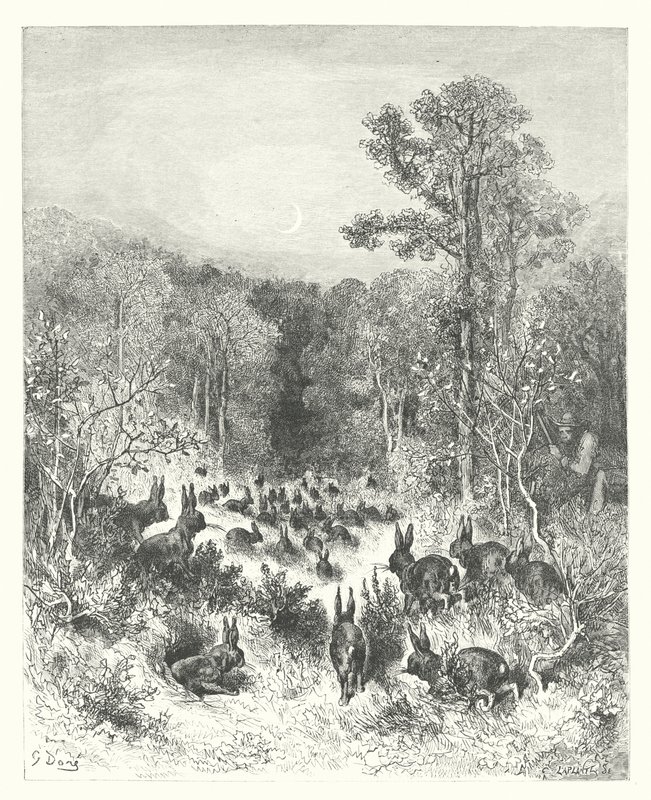 Las Fábulas de La Fontaine: Los conejos (grabado) de Gustave Dore