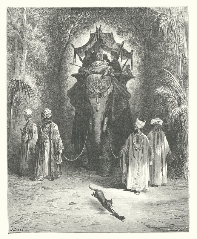 Las Fábulas de La Fontaine: La rata y el elefante (grabado) de Gustave Dore