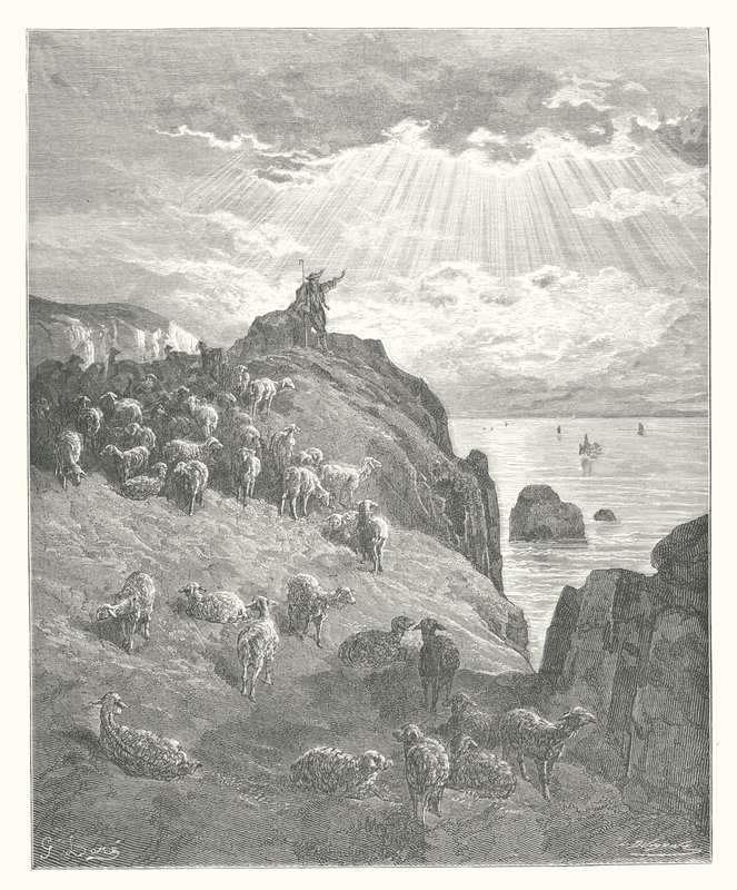 Las Fábulas de La Fontaine: El pastor y el mar (grabado) de Gustave Dore