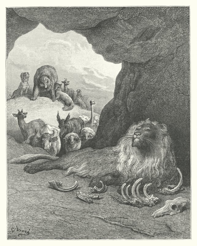 Las Fábulas de La Fontaine: El león enfermo y la zorra (grabado) de Gustave Dore