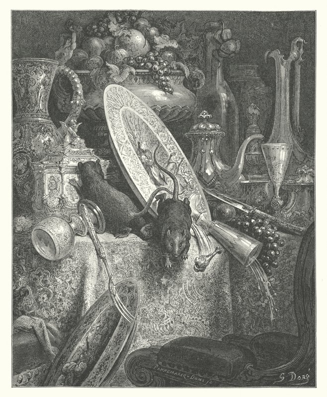 Las Fábulas de La Fontaine: La rata de ciudad y la rata de campo (grabado) de Gustave Dore