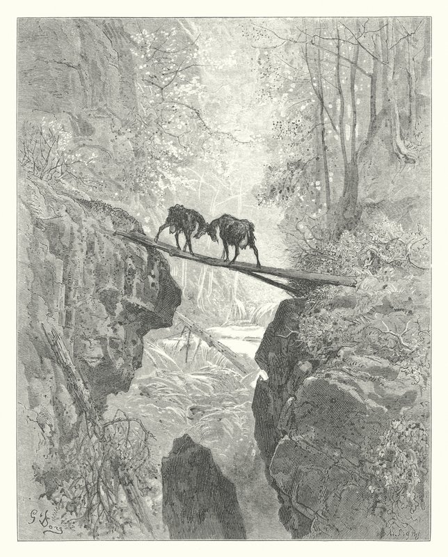 Las Fábulas de La Fontaine: Las dos cabras (grabado) de Gustave Dore