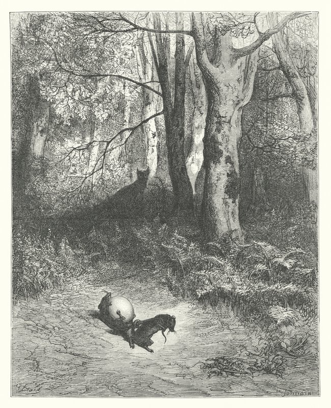 Las Fábulas de La Fontaine: Las dos ratas, la zorra y el huevo (grabado) de Gustave Dore