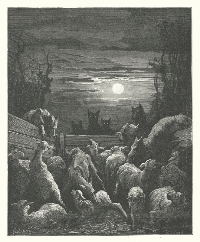 Las Fábulas de La Fontaine: Los lobos y las ovejas (grabado) de Gustave Dore