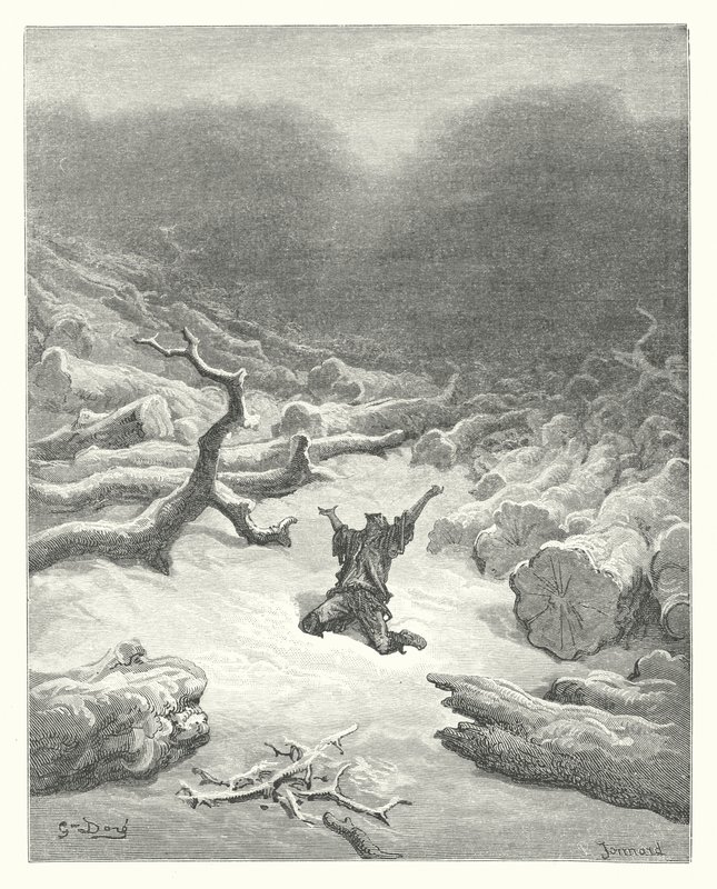 Las Fábulas de La Fontaine: El leñador y Mercurio (grabado) de Gustave Dore