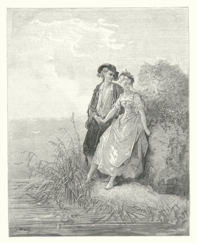 Las Fábulas de La Fontaine: Tircis y Amaranto (grabado) de Gustave Dore