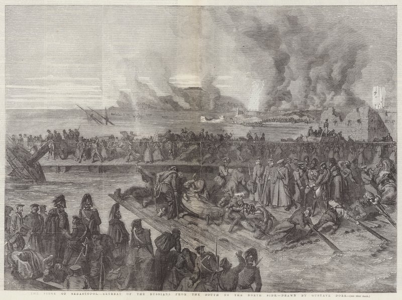 El sitio de Sebastopol, retirada de los rusos del sur al lado norte de Gustave Dore