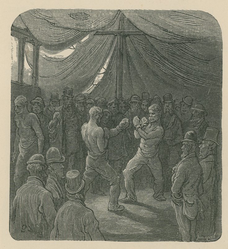 Dos hombres boxeando mientras una multitud observa de Gustave Dore