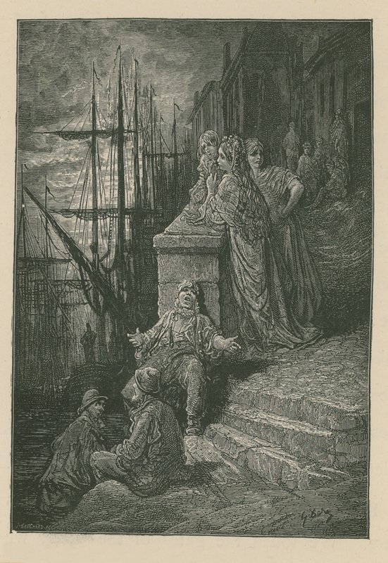 Familia de barquero en una escalera junto al río Támesis de Gustave Dore
